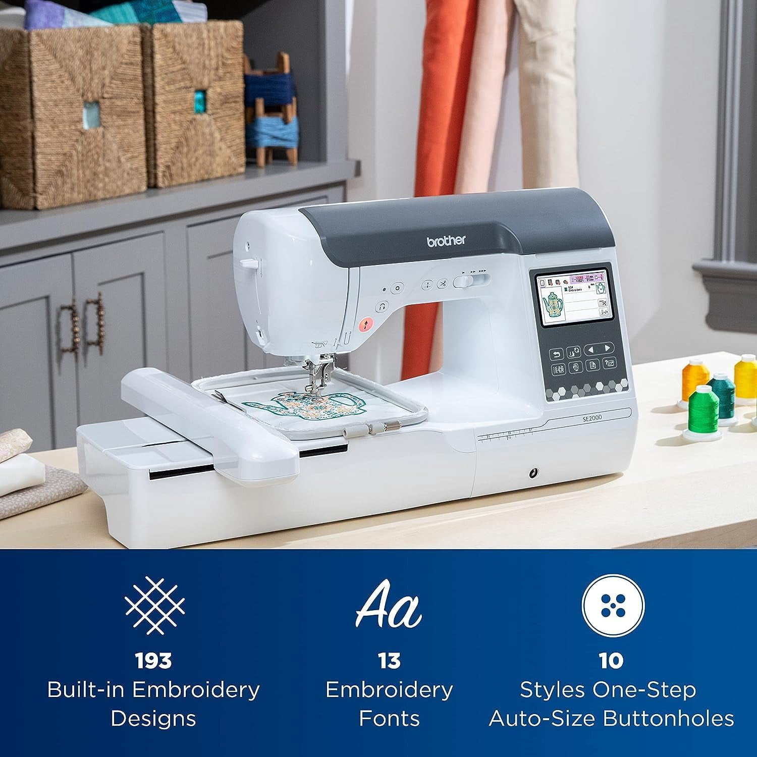Brother SE2000 Computerized Sewing and Embroidery Machine with WLAN and 4"x7" Magnetic Embroidery Hoop Frame, Premium Embroidery Thread 6 Spools, 75/11 Size Needles 100 Count