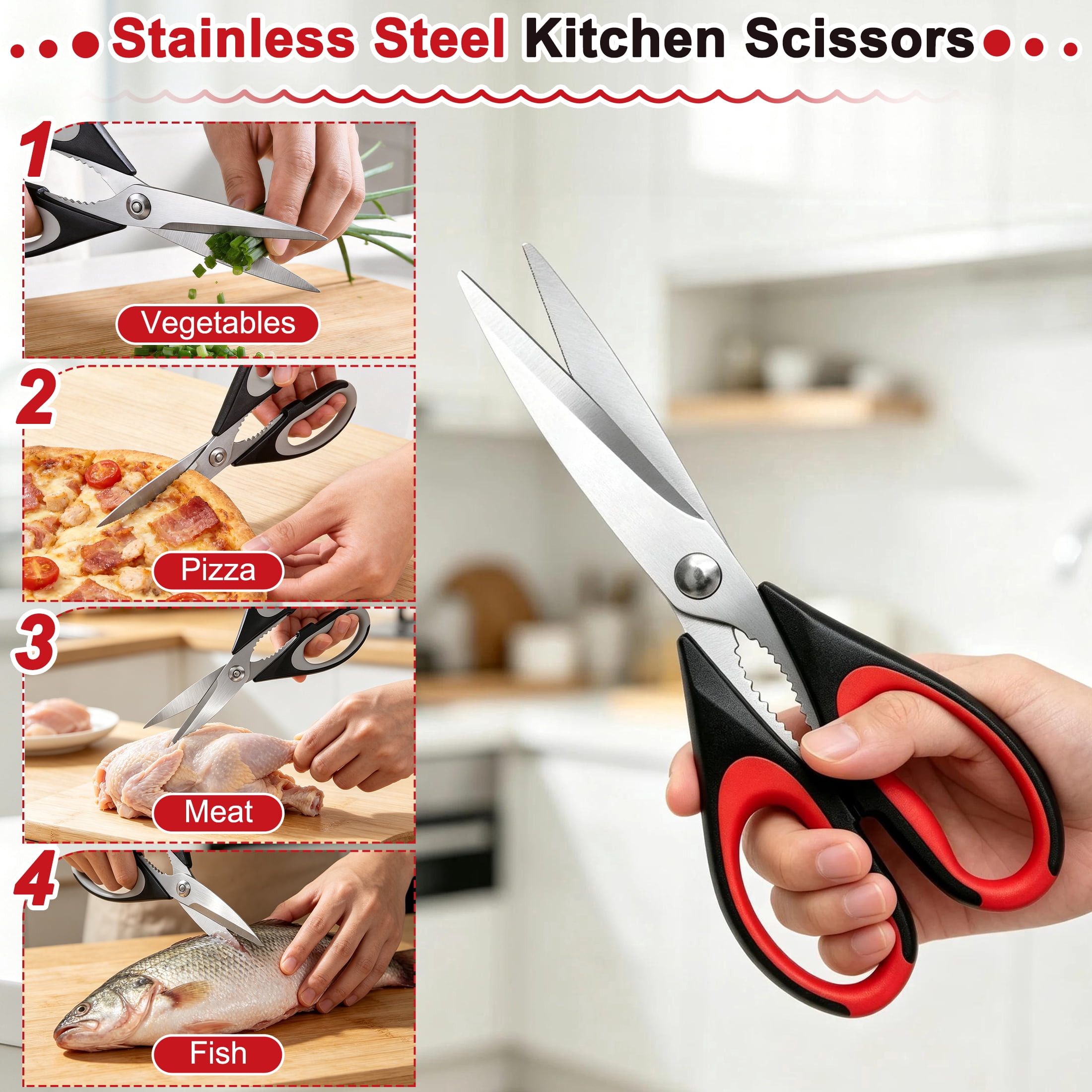 2 Pack Multi-Purpose Kitchen Scissors, Stainless Steel Heavy Duty Kitchen Cooking Shears with Bottle Opener, Soft Grip Food Prep Scissors for Food, Vegetables, Poultry, Herbs