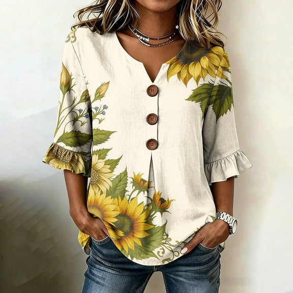 Dolkfu Elbow-Length Women'S Clothing V-Neck Button Multicolor Sunflower Print Tops Retro Printed Floral Blouses & Tops Multicolor,M