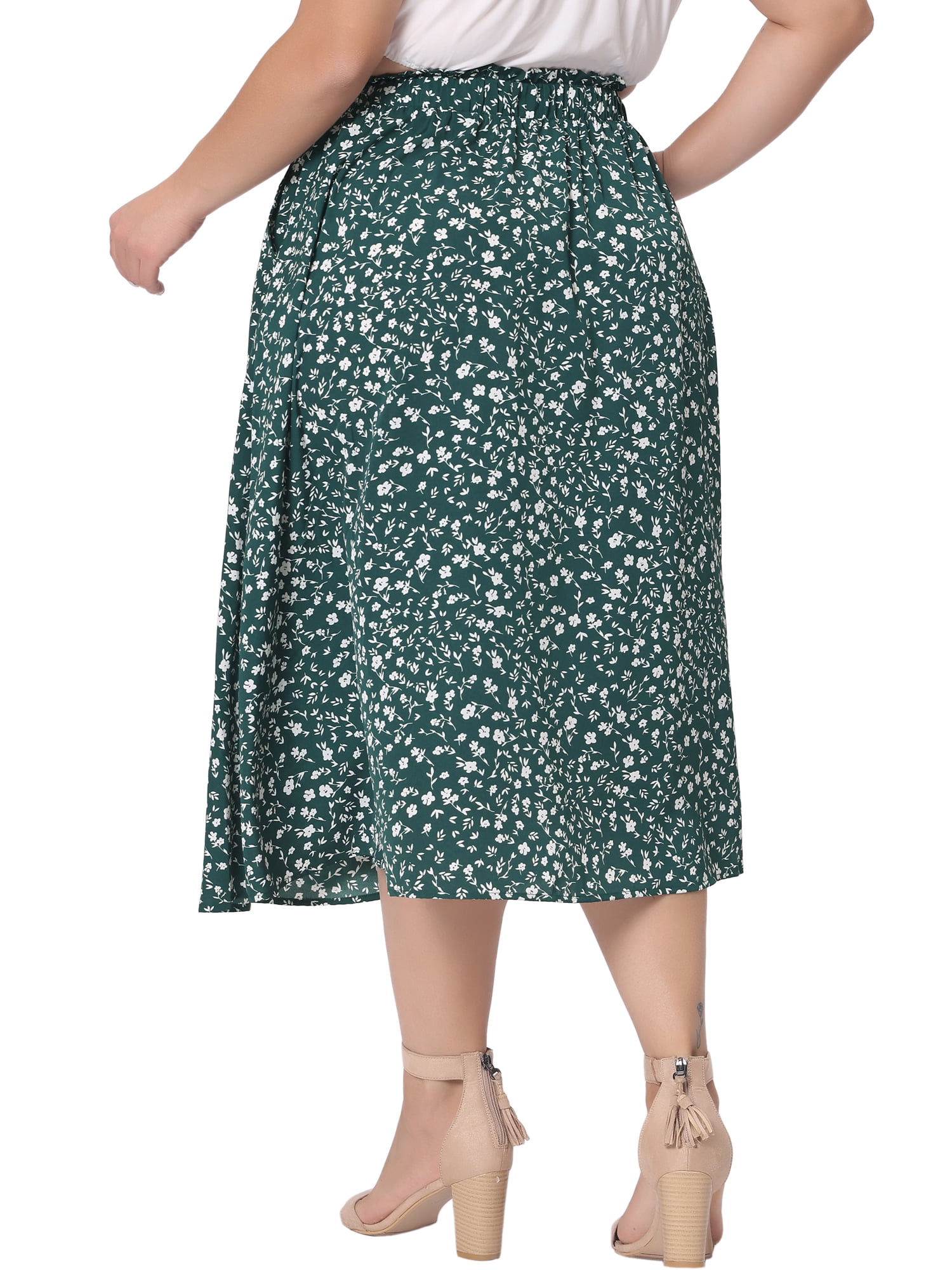 DARING DIVA Women's Plus Pleated High Waist Midi Casual Floral Skirt 2XL Dark Green