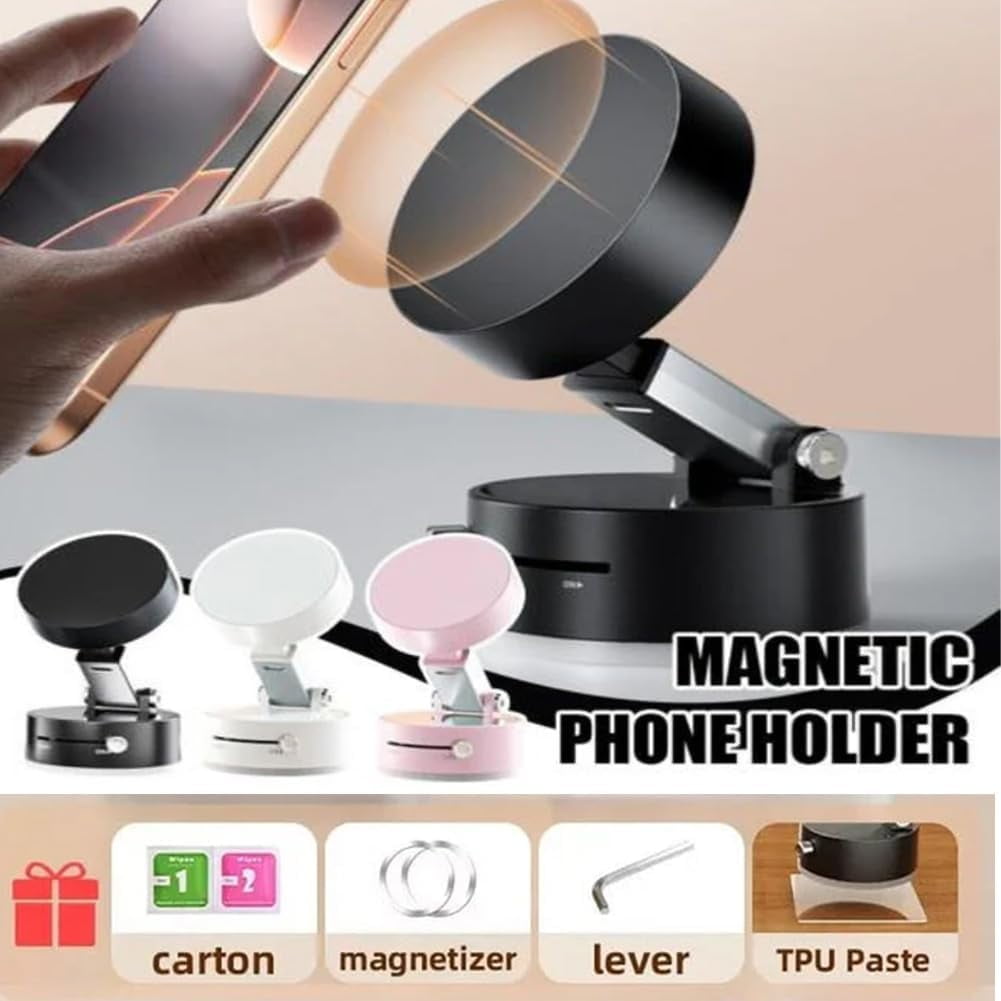 Magicjohn Foldable Portable Vacuum Magnetic Cell Phone Holder, Double-Sided Vacuum and Magnetic Adsorption Adjustable Phone Mount, 360° Rotatable Suction Cup Phone Mount (Pink)