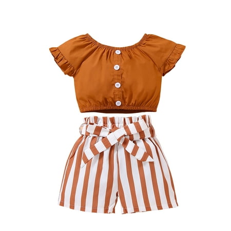 

Binwwede Toddler Girl Summer Outfits Set Short Sleeve Button Down Crop Top Striped Shorts with Belt MHX