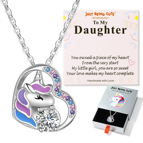 Just Being Cute Unicorn Necklace Gifts for Women Hypoallergenic 925 Real Sterling Silver Heart Pendant Moissanite Colorful CZ Jewelry Necklaces for Daughter
