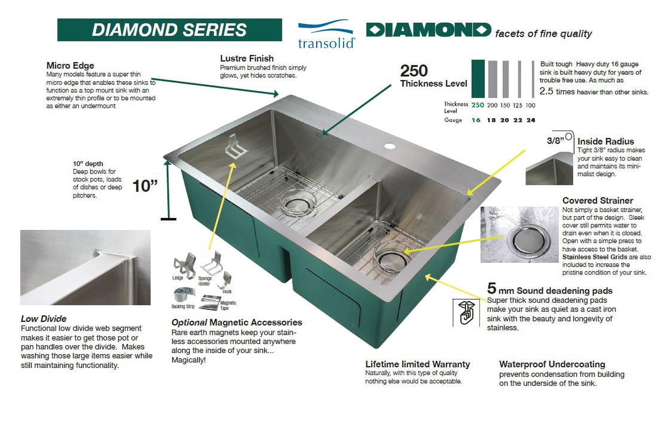 Transolid DUDOT321910-16 Diamond Titan 16 Gauge Stainless Steel 32-in Undermount Kitchen Sink with Taper in Stainless Steel