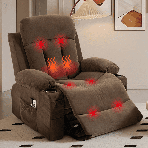 DELMANGO Power Lift Recliner Chair for Elderly, Electric Oversized Reclining Sofa with Vibration Massage & Heat, Cup Holder and USB Charging Port for Living Room, Brown