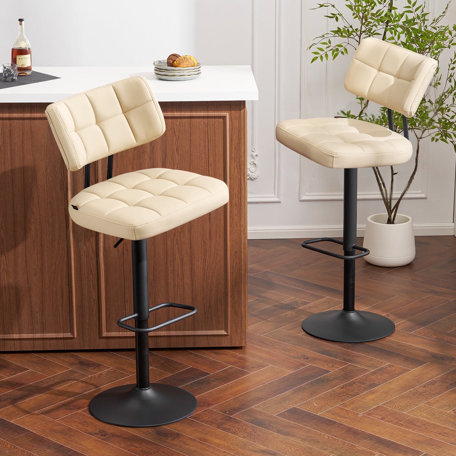 Furniliving Bar Stools Set of 2, Swivel Barstools with Footrest and Thick Cushion Back, Counter Height Bar Stools, Height Adjustable Modern Bar Chairs for Kitchen Island, Beige