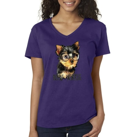 Trendy USA 381 - Women's V-Neck T-Shirt New York Yorkie Puppy Dog Glasses Small Purple