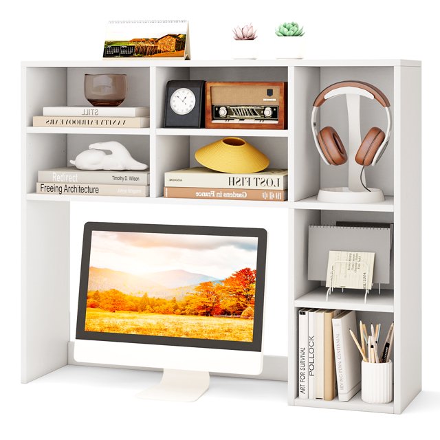 Patiojoy Desktop Bookshelf 37" Countertop Storage Hutch with 7 Cubes & 3 Adjustable Shelves 3-Tier Desk Display Rack Organizer Desktop Hutch White