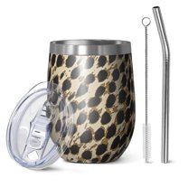 12oz Stemless Wine Tumblers Brown and Black Leopard Print Vacuum Insulated Stainless Steel Travel Tumbler Cups Mug with Lid and Straw for Champaign,Cocktail,Beer with Cleaning Brush