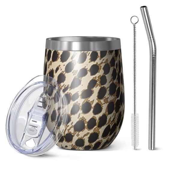12oz Stemless Wine Tumblers Brown and Black Leopard Print Vacuum Insulated Stainless Steel Travel Tumbler Cups Mug with Lid and Straw for Champaign,Cocktail,Beer with Cleaning Brush
