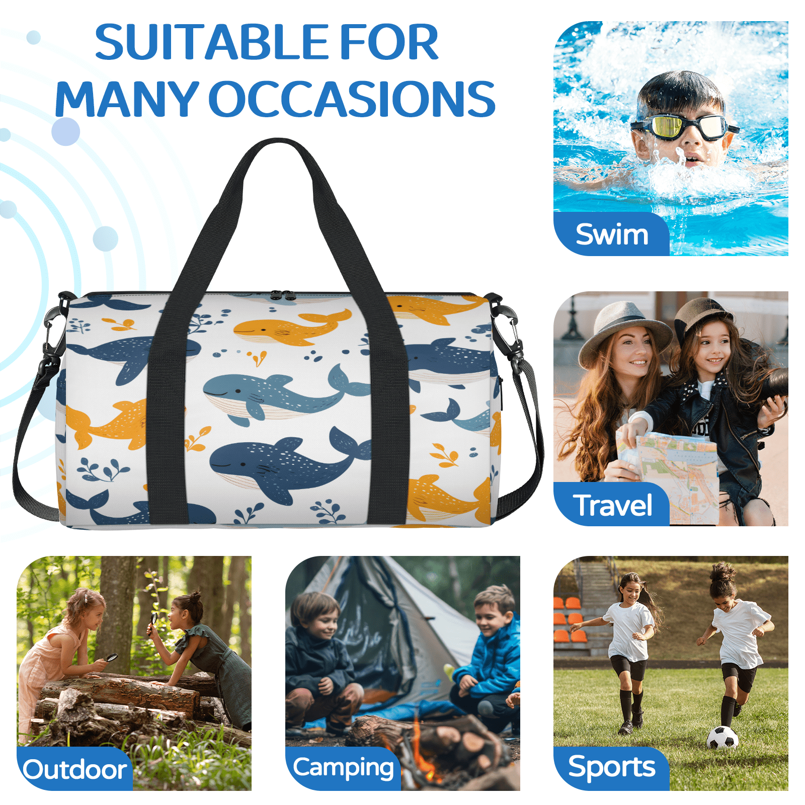 Herdesigns Cute Whale Gym Bag for Women, Duffle Bag for Travel Sport, Funny Ocean Lightweight Waterproof Carry on Weekender Dance Yoga Workout Bags