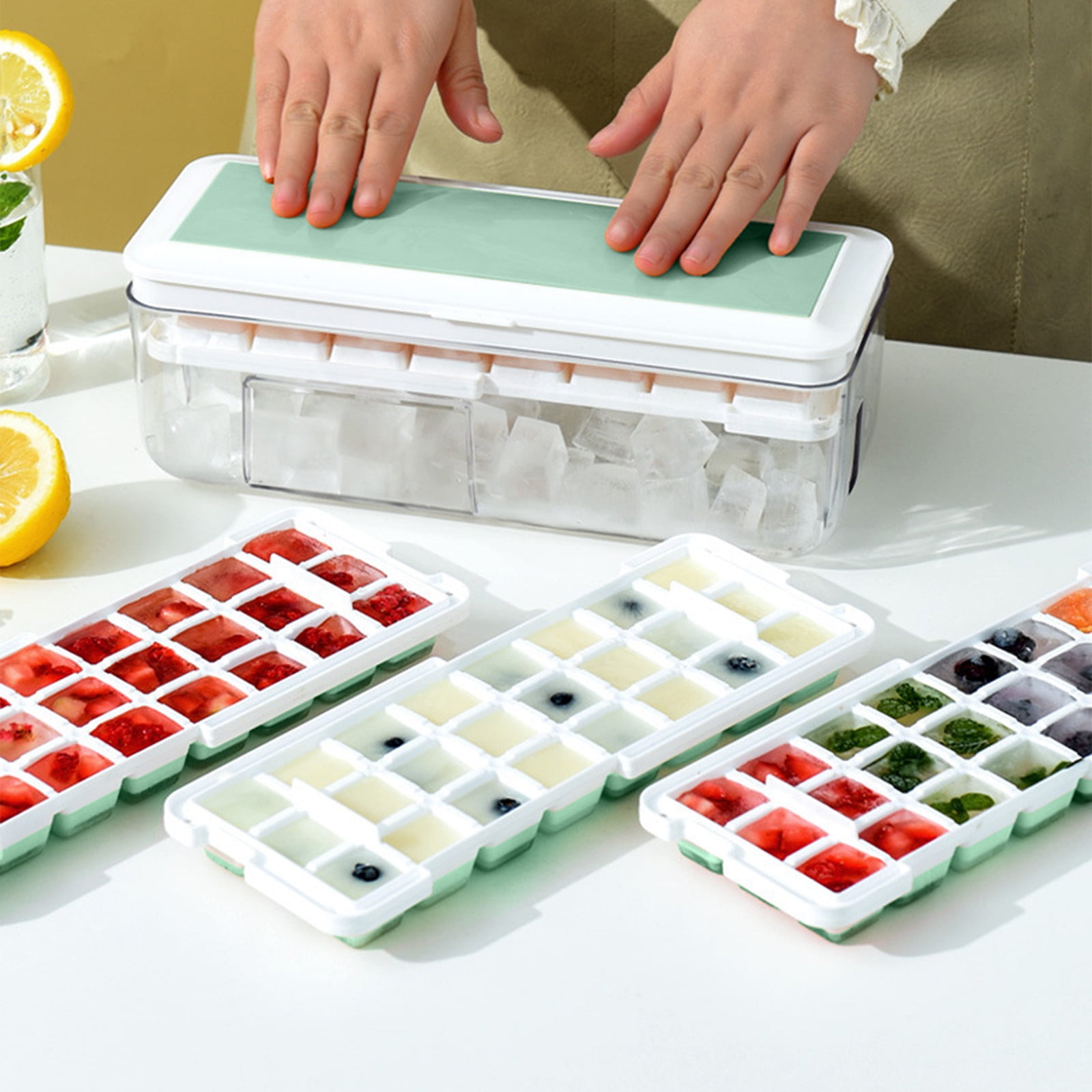Wovilon Ice CubesTray Kitchen Gadgets Kitchen Utensils Set Ice Tray With Lid And Storage Bin For Freezer, Frozen Ice Cubes Making, Freezer Ice Cubes Box, One Second Out Of The Ice Silicone Ice Tray