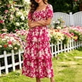thumbnail image 4 of Women's Puff Sleeve Summer Vacation Maxi Dress, Boho Floral Print Square Neck Layered Wedding Guest Beach Dresses, 4 of 8