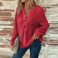 thumbnail image 6 of UoCefik Lightweight Sweatshirts for Women Casual Waffle Knit Long Sleeve Buttons Hoodie Oversized Fall Drawstring V Neck Pullover Western Hooded Trendy Top Red XXL, 6 of 7