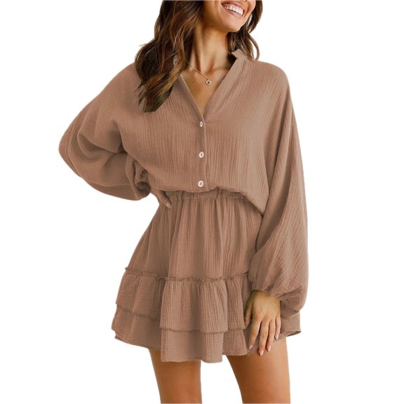 Women's Ruffled Notched Balloon Sleeve Mini Dress with Button Front and Sheer Details in 100% Polyester Fabric