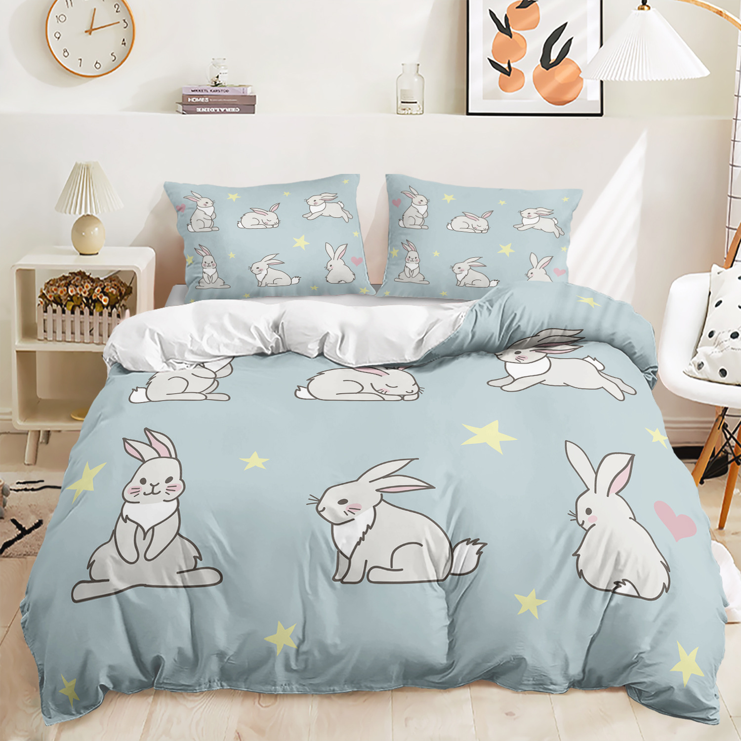 Blue Background Color Quilt Cover Cartoon Bunny Star Love Quilt Cover