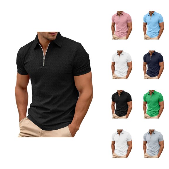 Short Sleeve Polo Shirts for Men Summer Casual Quarter Zipper Collared Textured Plain Tshirts Work Shirts Golf Shirt