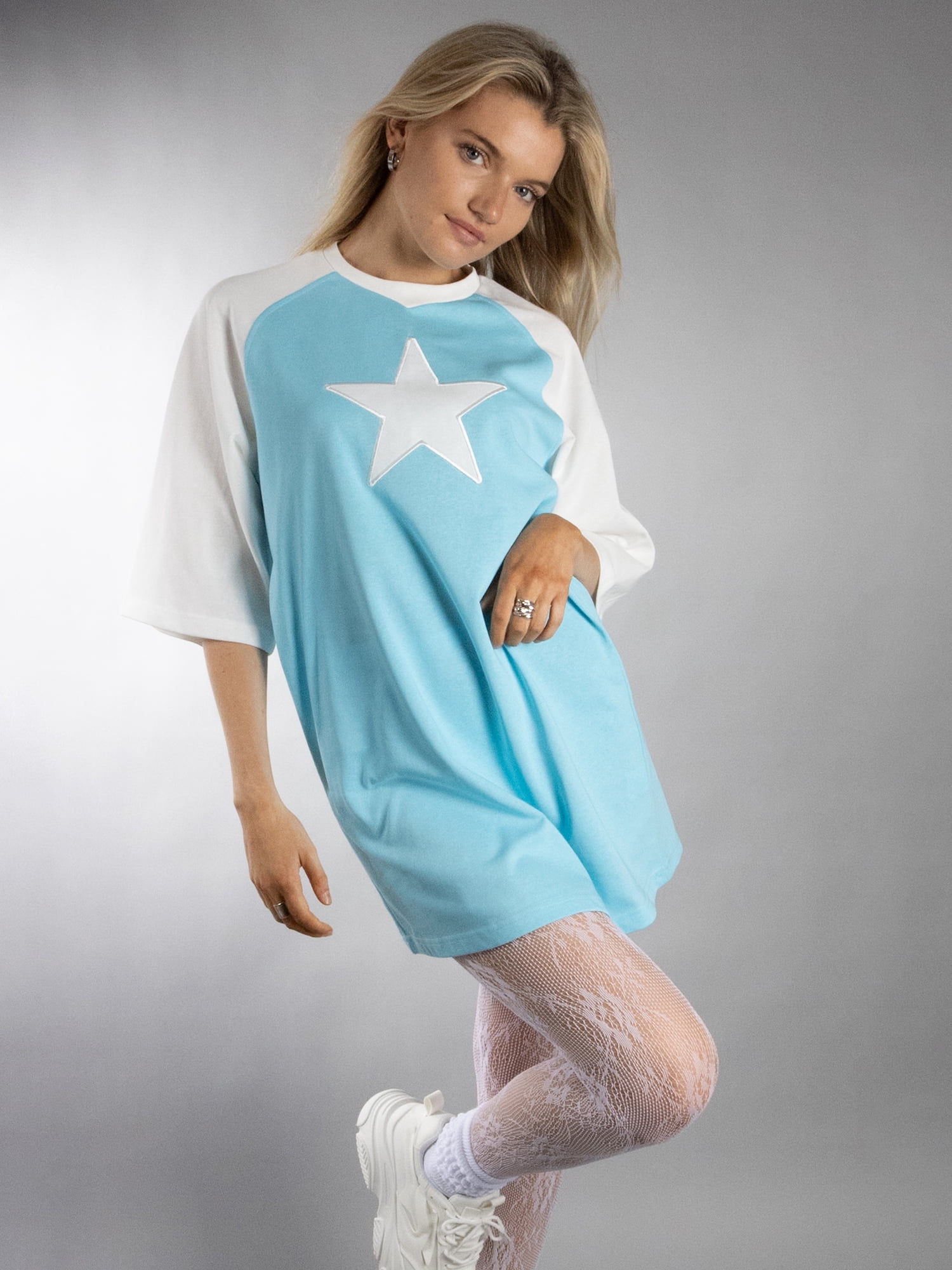DARING DIVA Women's StarStruck Oversized T-shirt Dress L Light Blue