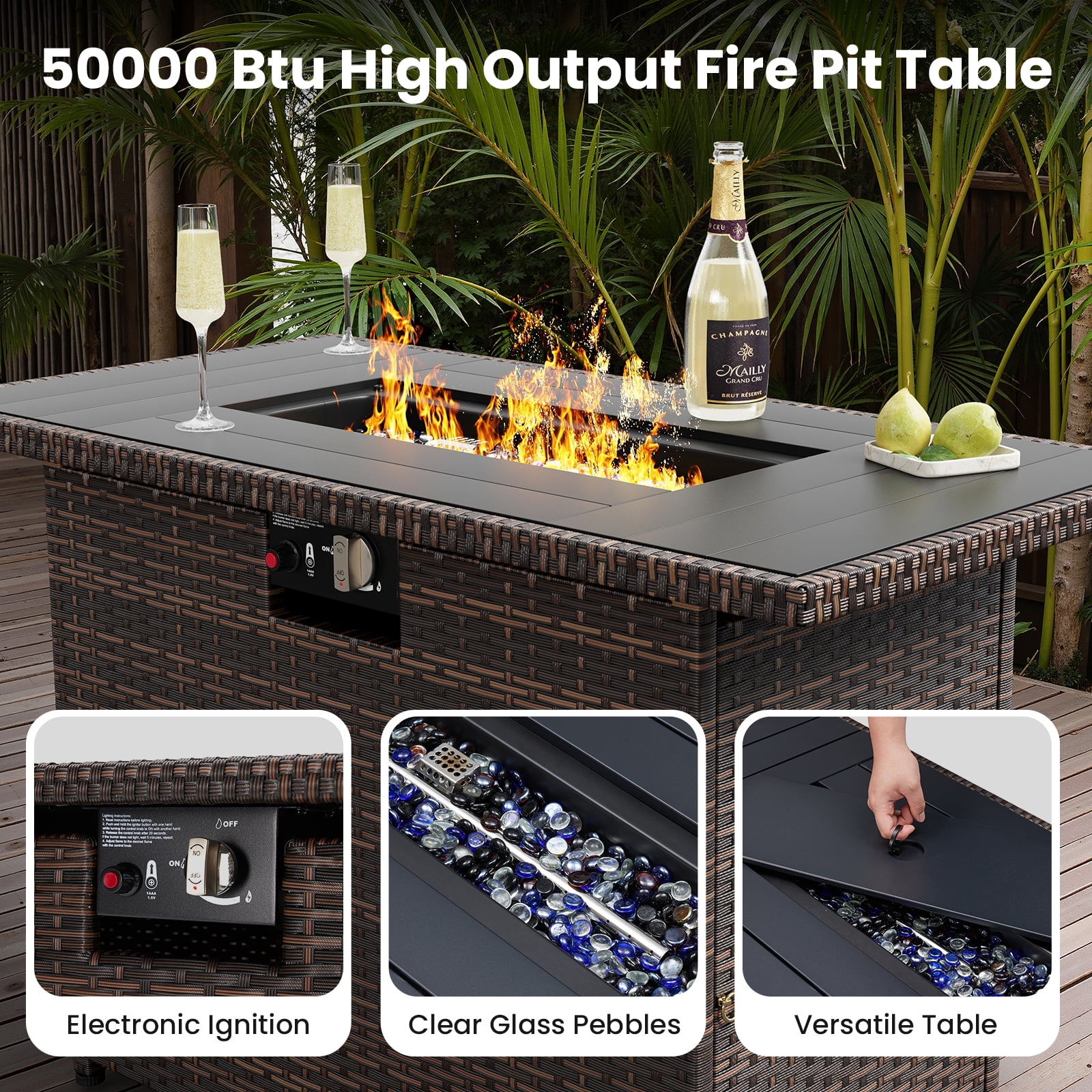 STARY 8 Pieces Outdoor Furniture Set with Fire Pit Table, Wicker Patio Sectional Sofas, All-Weather Outdoor Conversation Set for Garden, Grey