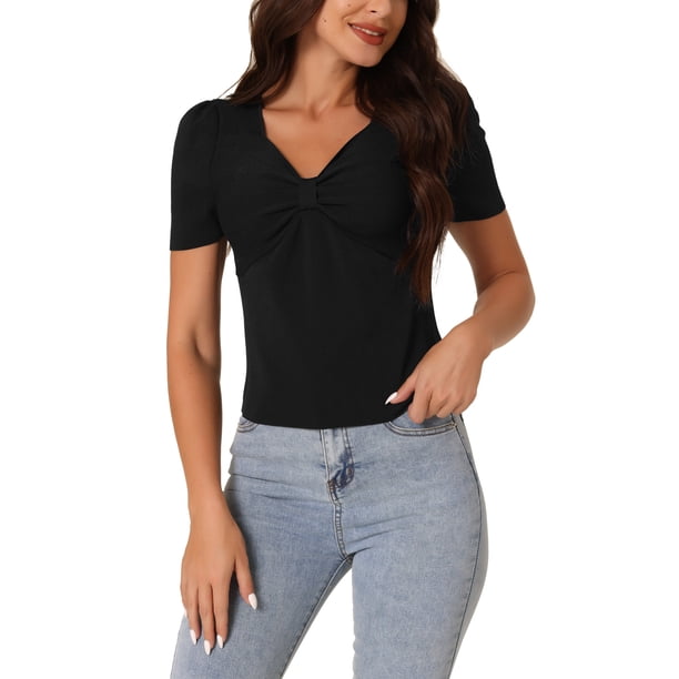 Suéter de mujer Inspire Chic con escote corazón, mangas cortas abullonadas y frente retorcido en negro M