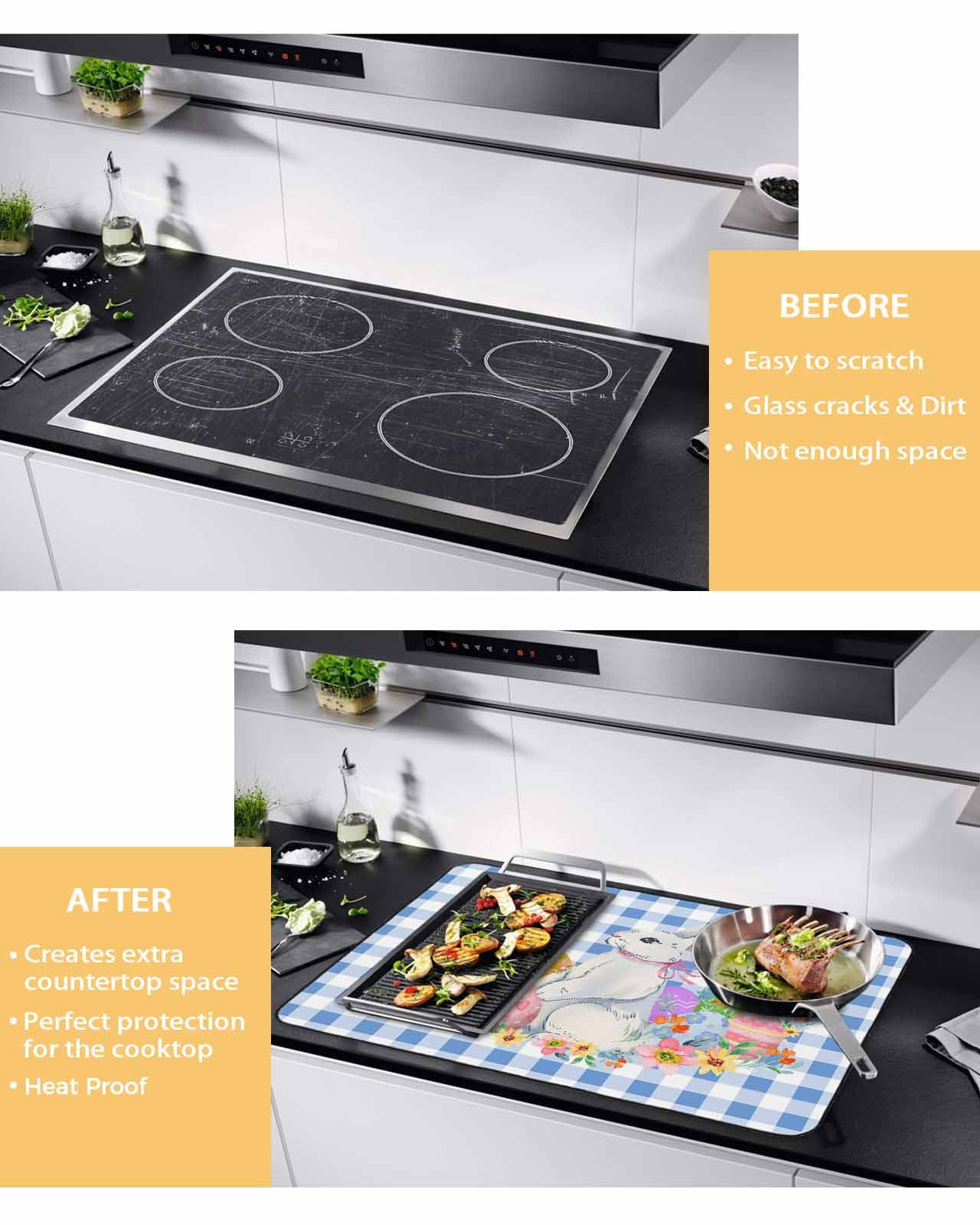Large Induction Cooktop Protector Mat Easter Stove Top Covers for Electric Stove, Spring Watercolor Bunny Eggs Butterflies Blue Plaid Decorative Stove Burner Cover Mats, Glass Top Stove Cover