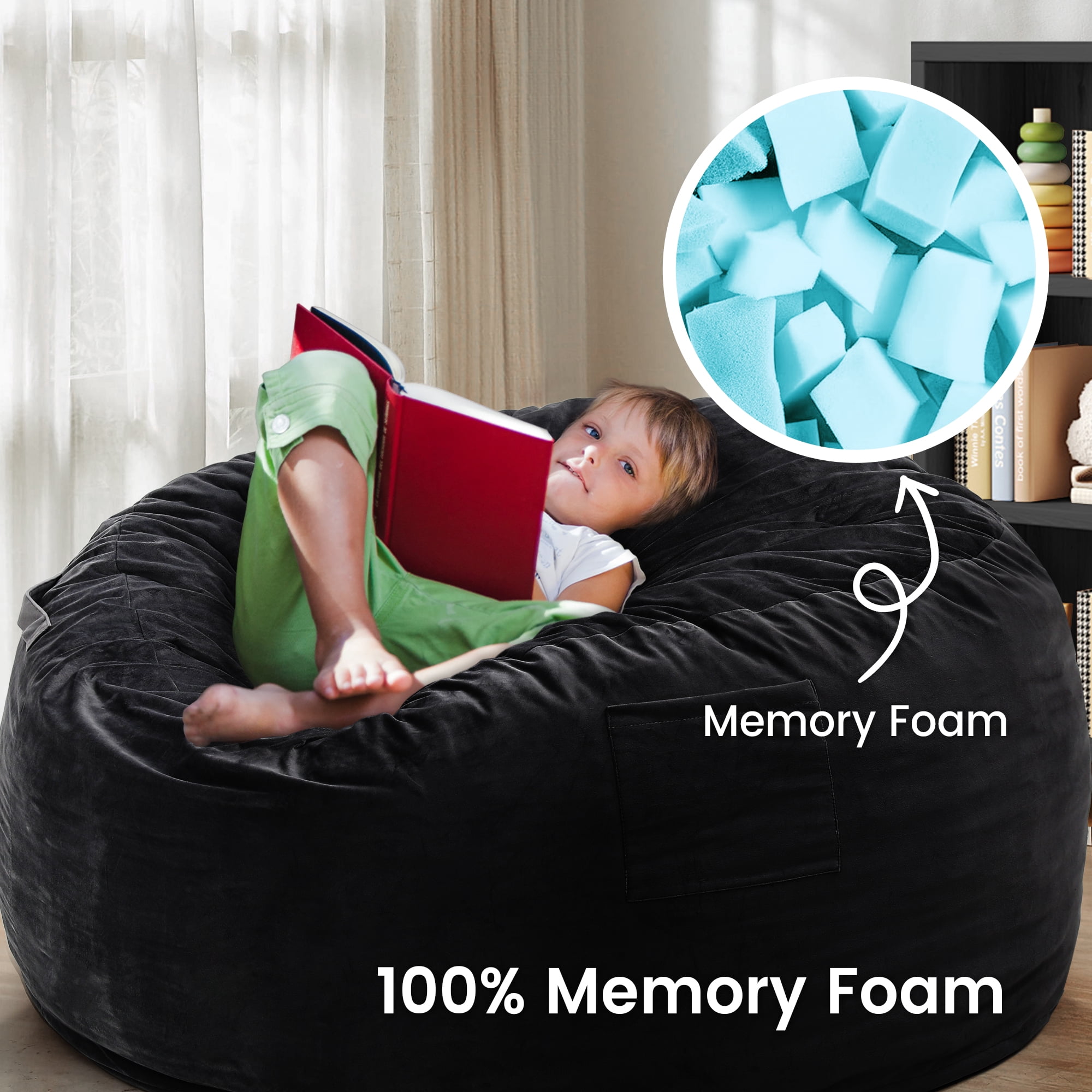 Melocadol 3.5ft Bean Bag Chair for Adults Kids, Premium Memory Foam, Washable Suede Fabric, Sturdy Zipper, Comfy Chair for Home, Den, Dorm, Black