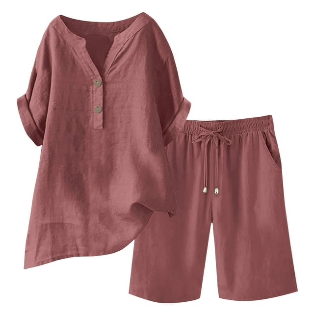 UPPADA Ensemble 2 Pcs pour Femmes Décontracté, Ensemble 2 Pcs Coton Lin Manches Courtes Chemises et Shorts Survêtement Rouge Melon D\'eau,m
