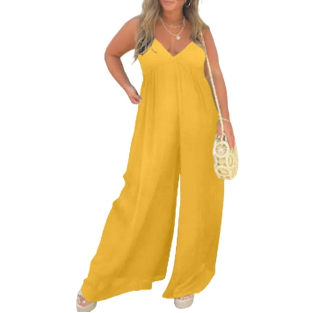 Innerwin Combinaison Longue Col en V Profond Femmes Combinaisons Vacances Sans Manches Décontracté Pantalon Large Jaune S