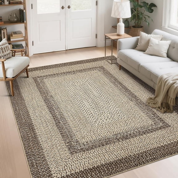 10x13 Braided Print Area Rug, Non Slip Washable Low Pile Stain Resistant Farmhouse Living Room Carpet,Natural color