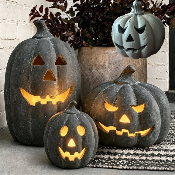 Halloween Handmade Pumpkin,Resin Pumpkin Fall Halloween Decorations(Built-in flameless candle) Autumn Farmhouse Table Decoration for Home Porch Front Door Mantel Room(Black Pumpkin, Style B)