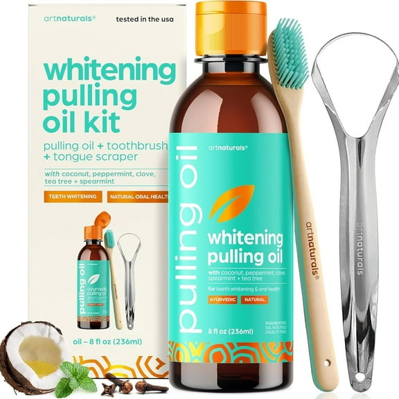ArtNaturals Coconut Whitening Pulling Oil Tongue Scraper & Toothbrush Set, 8 fl oz (Alcohol-Free)