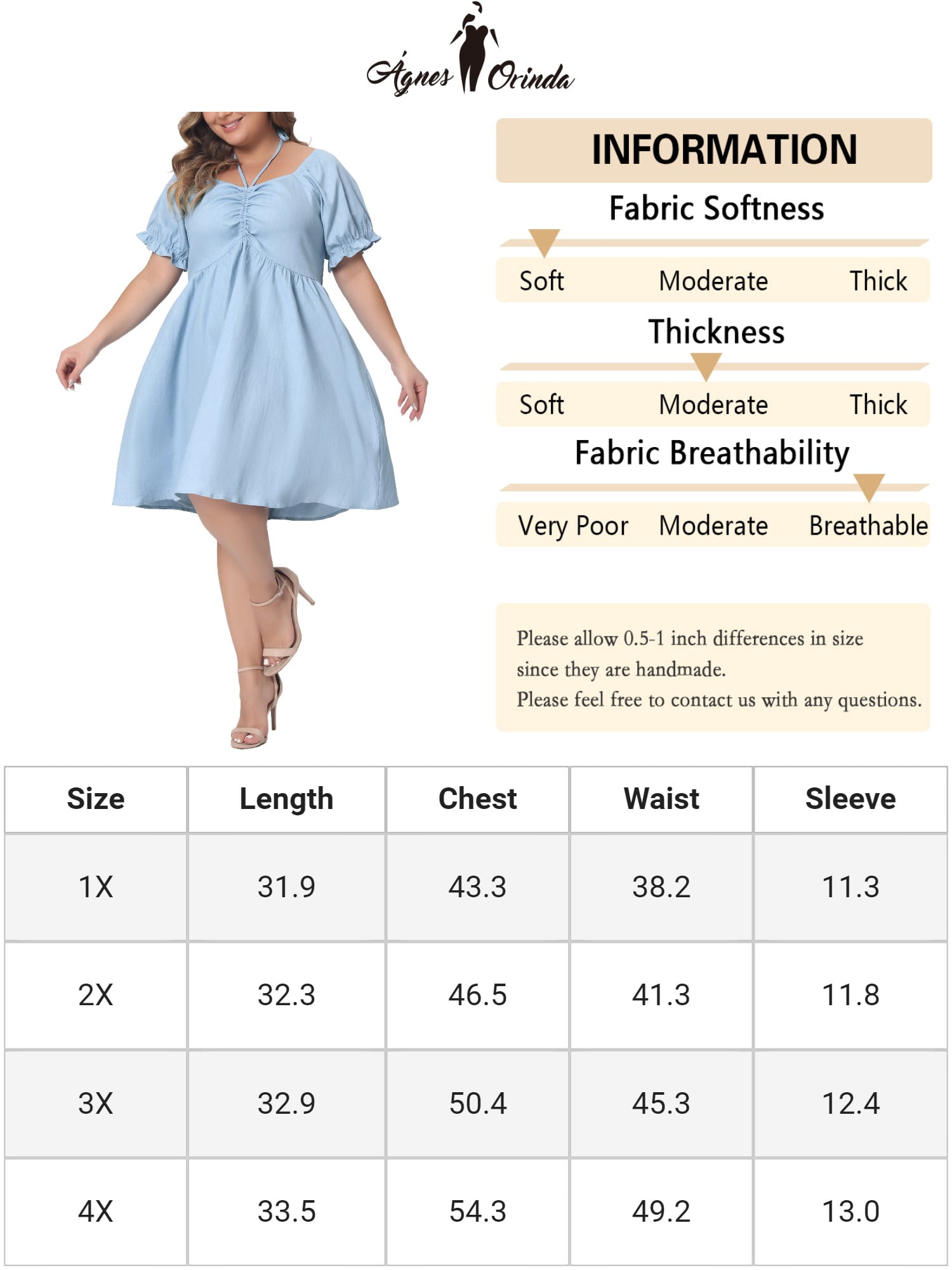 DARING DIVA Women's Plus Sweetheart Neck Puff Sleeve Dress 3X Light Blue