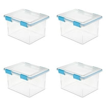 Sterilite 32 Quart Gasket Box, Weather-Resistant Clear Storage Bin with Lid, Blue, 4 Count