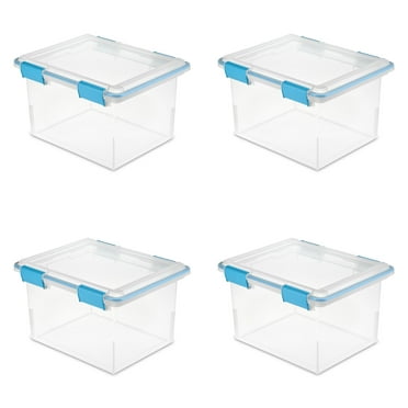Sterilite 32 Quart Gasket Box, Weather-Resistant Clear Storage Bin with Lid, Blue, 4 Count