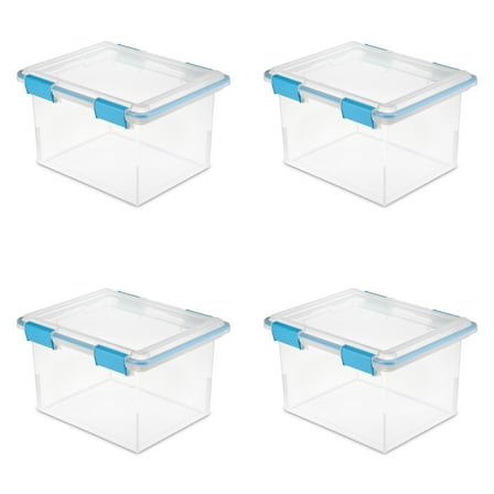 Sterilite 32 Quart Gasket Box, Weather-Resistant Clear Storage Bin with Lid, Blue, 4 Count