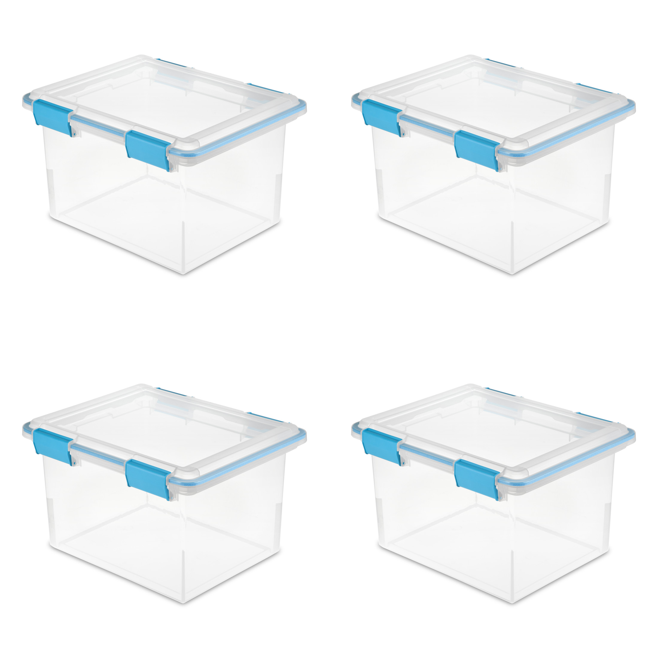 Sterilite Gasket Box, 32 Quart Clear Weather-Resistant Plastic File Storage Bin with Gasket Seal and Latch Lid, Blue, 4 Pack