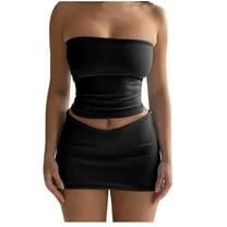 cfhntfmh Womens Summer Two Piece Tube Outfits Strapless Crop Tops Going out Mini Clubwear Trendy Skirt Set