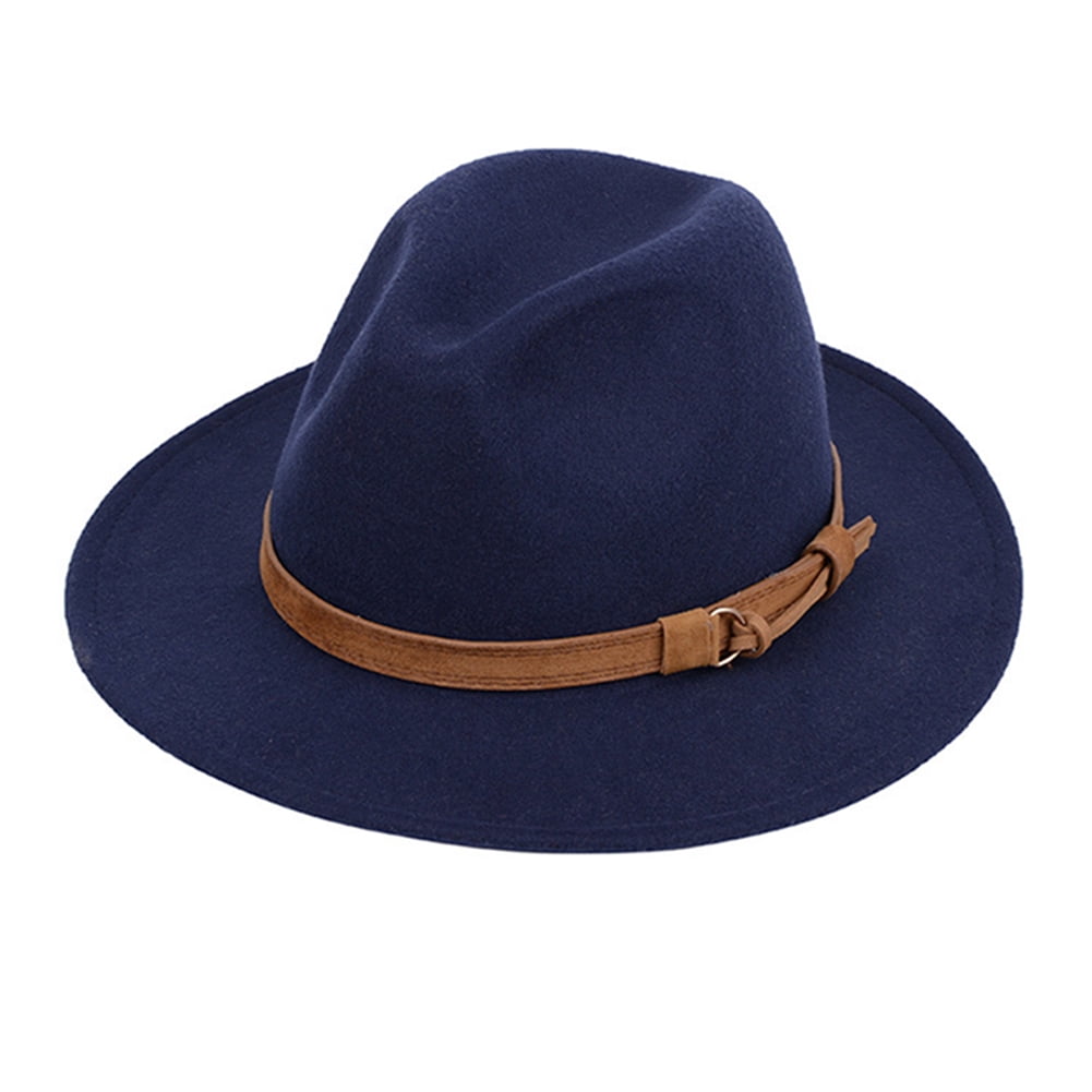 Musuos Men Women Vintage Wide Brim Fedora Hat Buckle Winter Wool Felt