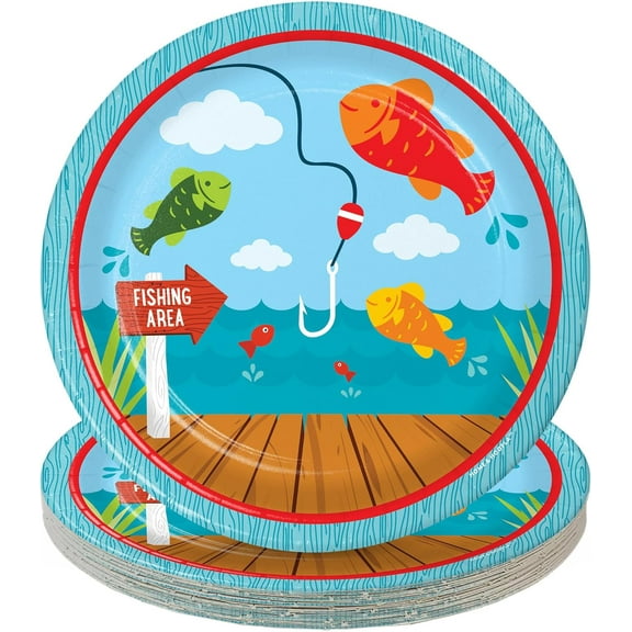 HOME & HOOPLA Camping and Fishing Party Supplies - Fisherman Round Paper Dessert Plates for 16 Guests