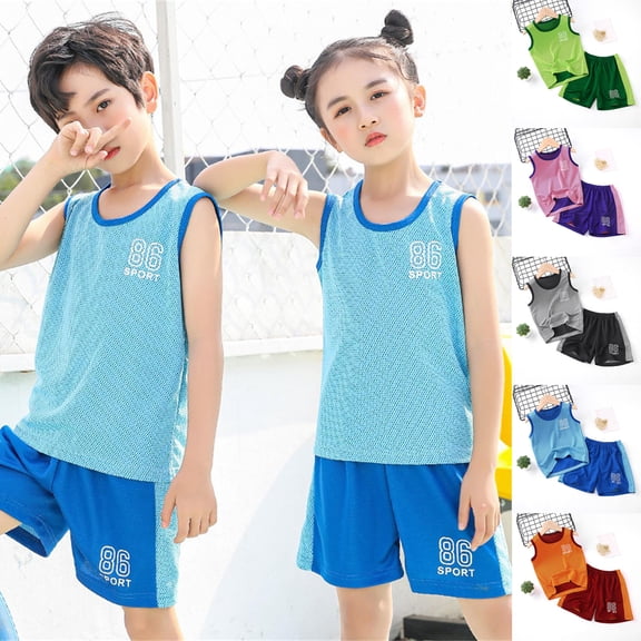 RTKFRFLM Kids Sports Outfit Set Summer Short Sleeve Basketball T Shirt with Shorts Soccer Style Two Piece Set Pj's Sets