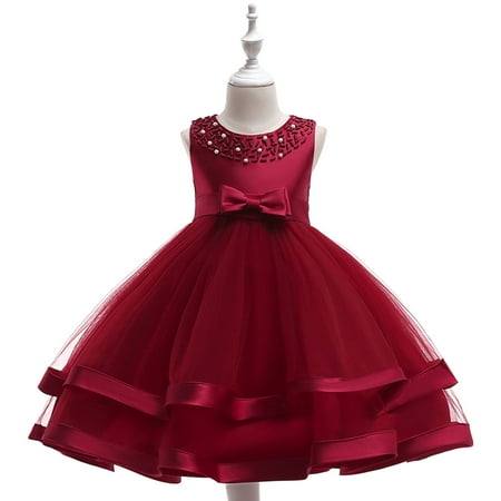 

TAGOLD Toddler Girls Solid Color Pearl Net Yarn Bowknot Birthday Party Flowers Gown Kids Dresses Wine 6-7 Years