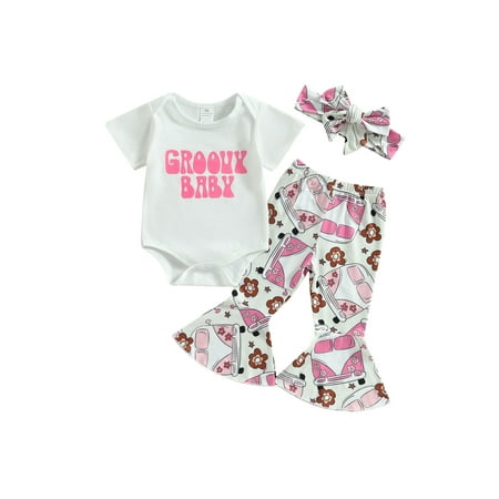 

Bagilaanoe 3pcs Newborn Baby Girl Long Pants Set Letter Print Short Sleeve Romper Tops + Flare Trousers + Headband 6M 12M 18M 24M Infant Casual Outfits