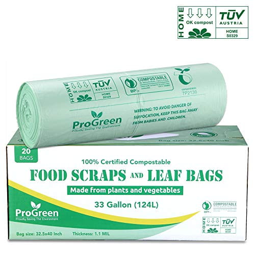 ProGreen 100 Compostable Bags 33 Gallon, Extra Extra Thick 1.1 Mil, 20