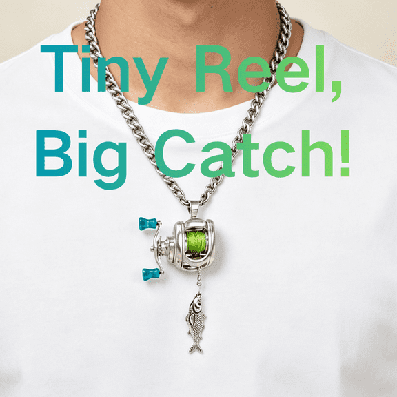 Novelty Mini Fishing Reel Necklace (Tiny Reel, Big Catch) with Rotating Handle and Moving Line Guide, Angler Jewelry for Fishing Enthusiasts
