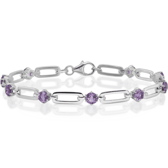 925 Sterling Silver 5mm Purple Amethyst Paperclip Cable Rolo Link Chain Bracelet