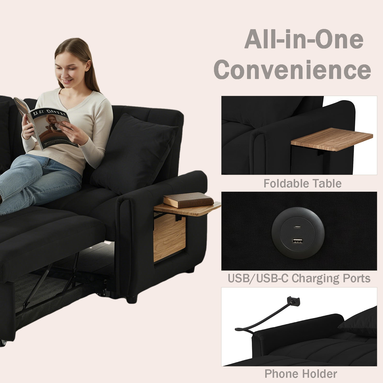 3‑in‑1 Convertible Sleeper Sofa Bed, Velvet Pull‑Out Loveseat Sofa with 3‑Level Adjustable Backrest, USB Charging Ports, Foldable Side Table & Phone Holder for Living Room Apartment, Black