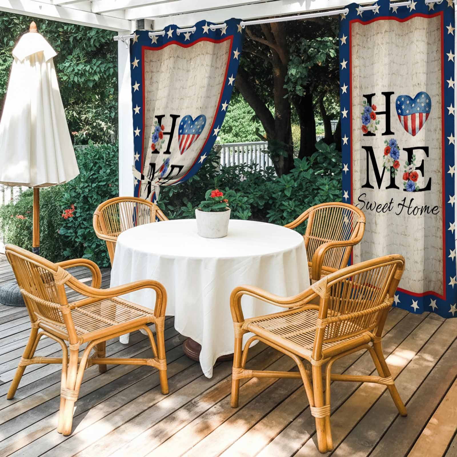 4th of July Outdoor Curtains for Patio, Home Sweet Home Blue Stars Floral Usa Flag Vintage Sunshade Privacy Drapes Grommet Waterproof Outside Curtains for Porch/Cabana/Balcony 54"x 108", 1 Panel
