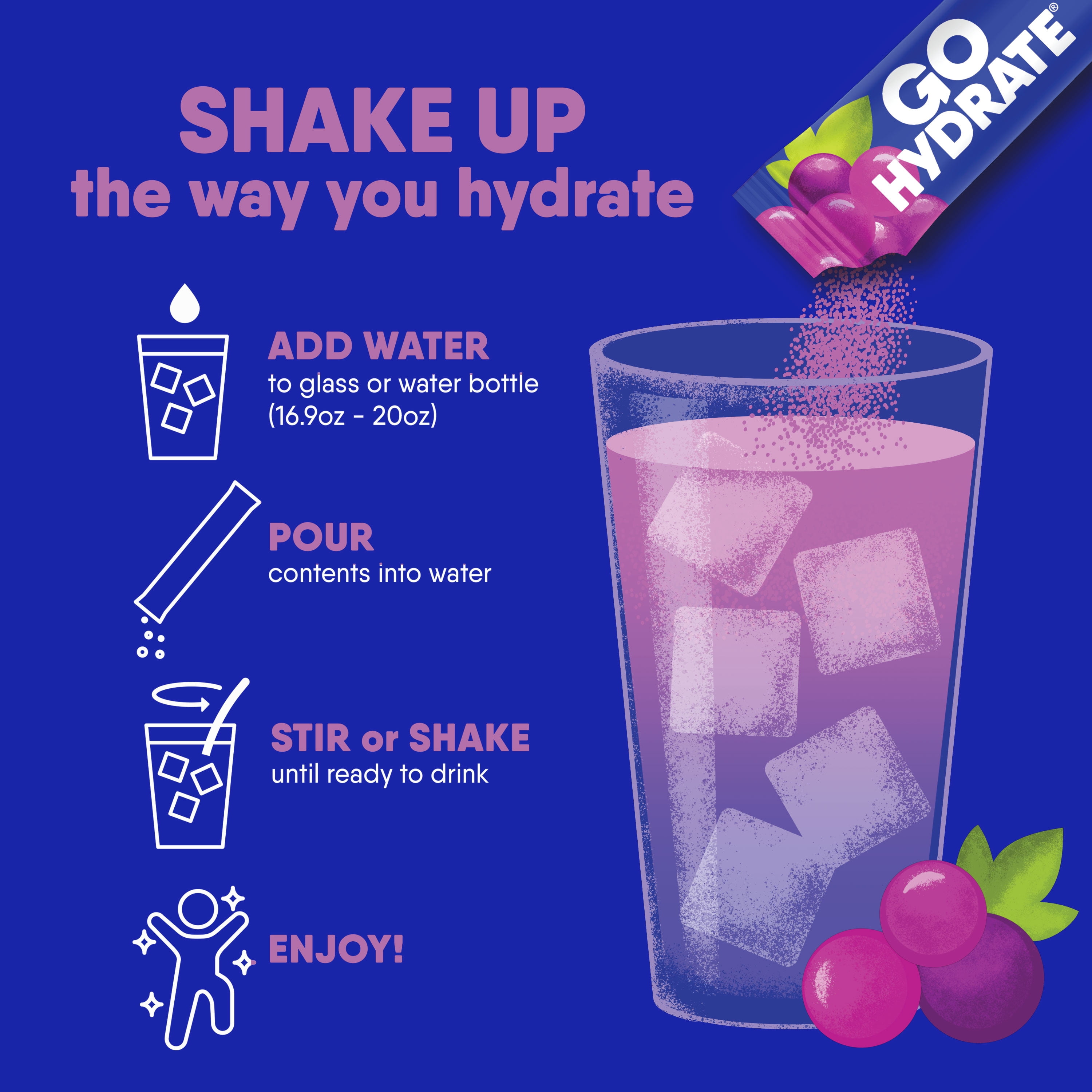 Electrolyte Hydration Drink Mix with Vitamin D, Non GMO Electrolyte Powder Hydration Pack, Grape, 30 Hydration Powder Packets - GoHydrate