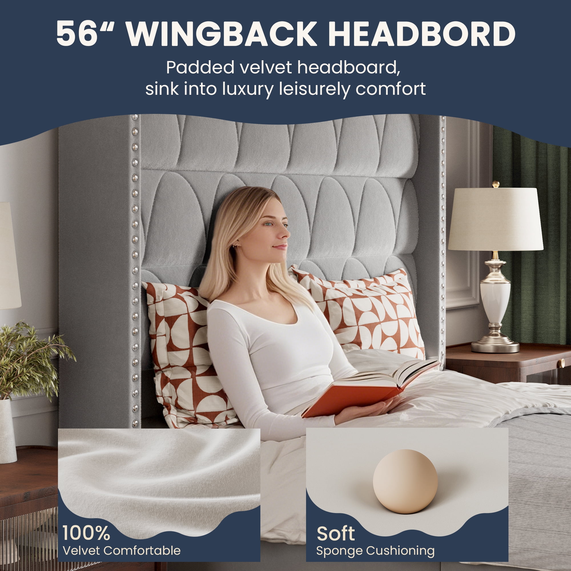 56" Velvet Upholstered Bed Frame with Wingback Headboard, Nailhead Trim, Wood Slat Support, No Box Spring Required