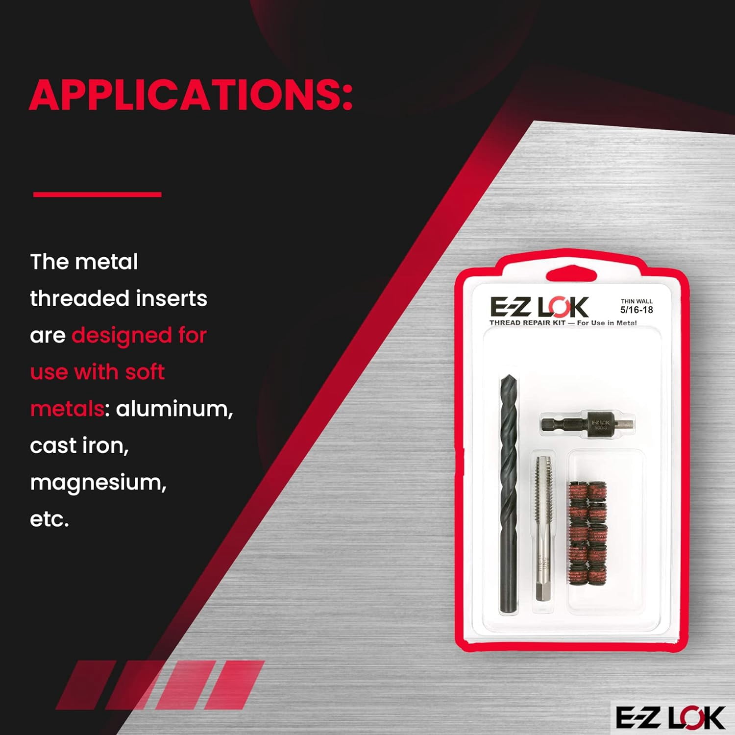Thread Repair Kit, Self Locking Thread Inserts, Steel, 10 Inserts EZ-310-5
